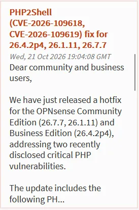 OPNsense Announcements widget showing the PHP2Shell hotfix notice for Community Edition 26.7.7 and 26.1.11 and Business Edition 26.4.2p4
