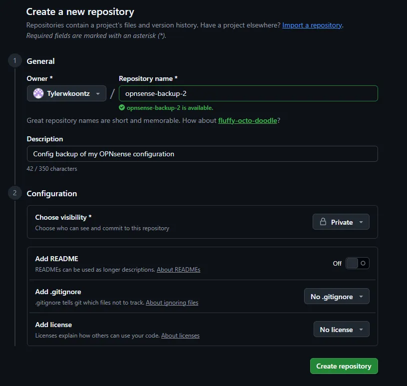 GitHub create repository form: visibility Private, no README, no .gitignore, no license