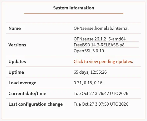 OPNsense System Information showing version 26.1.2_5 and 65 days of uptime before patching