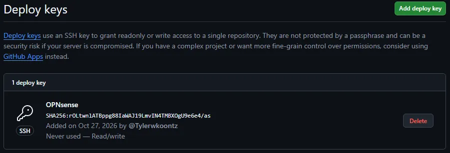 GitHub Deploy keys page showing the OPNsense key with Read/write access