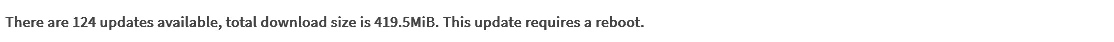 OPNsense Updates tab banner: 124 updates available, 419.5 MiB, reboot required