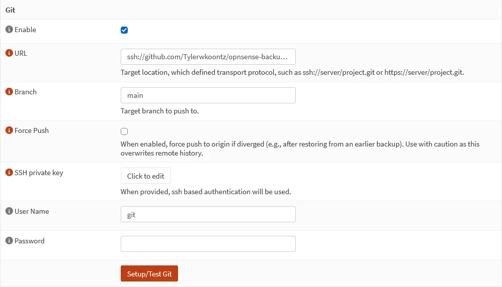 OPNsense Git backup settings: URL ssh://github.com/…, branch main, Force Push off, SSH private key set, User Name git, Password empty