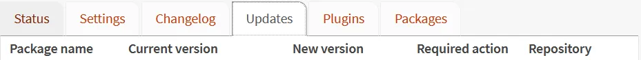 OPNsense Updates tab with column headers: package name, current version, new version, required action, repository