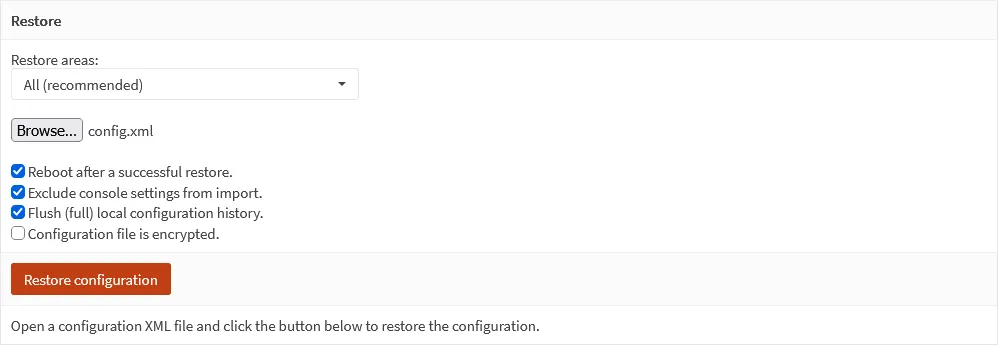 OPNsense Restore section: restore areas All, config.xml selected, reboot after restore, exclude console settings, flush local configuration history