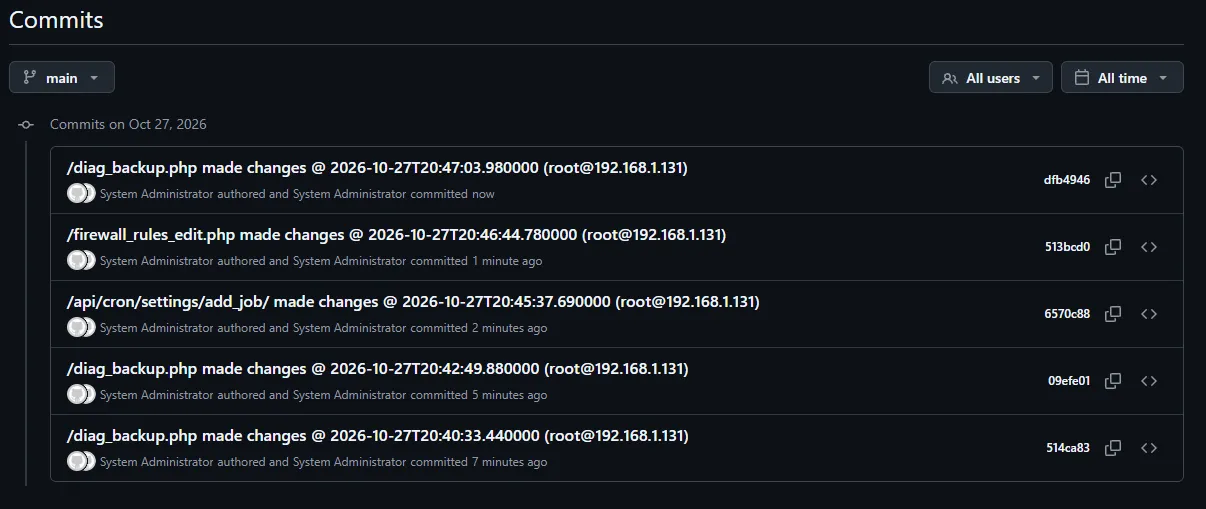 GitHub commit list: commits from diag_backup.php, api/cron/settings/add_job and firewall_rules_edit.php, each timestamped