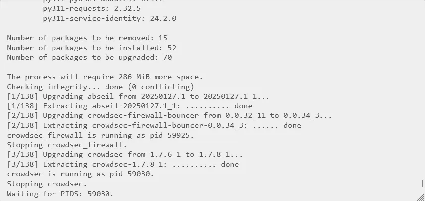 Update log: 15 packages removed, 52 installed, 70 upgraded, then CrowdSec being upgraded