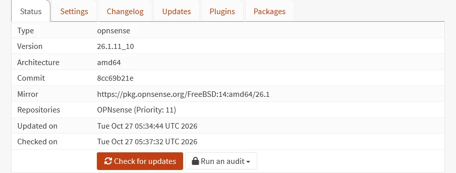 OPNsense firmware status showing version 26.1.11_10, updated on Tue Oct 27 05:34 UTC 2026