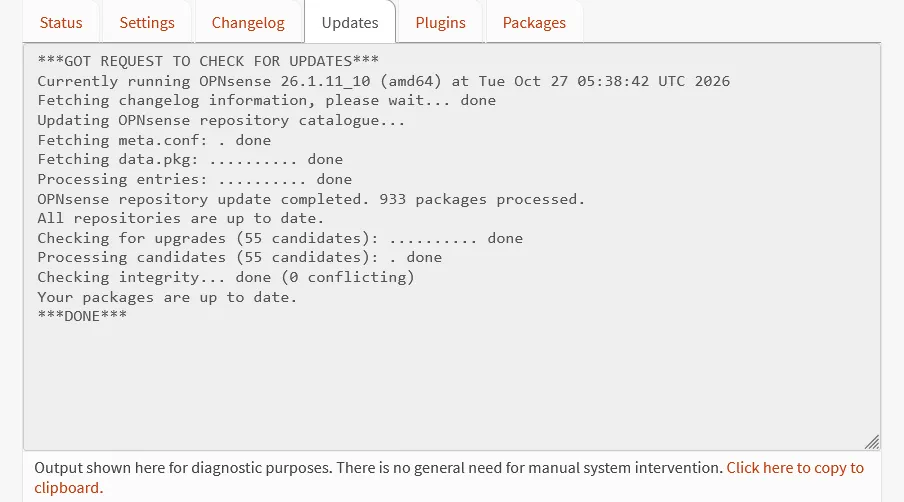 Check for updates log: currently running OPNsense 26.1.11_10, your packages are up to date