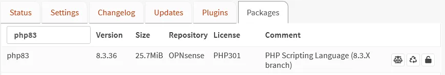 OPNsense Packages tab filtered to php83, showing version 8.3.36 installed