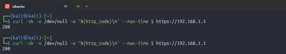 From the Kali VM on the Lab network, curl to the firewall’s LAN address returns HTTP 200