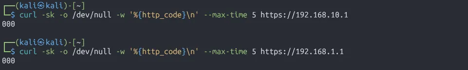 From the Kali VM, curl to both the Lab gateway and the firewall’s LAN address now returns 000 (no connection)