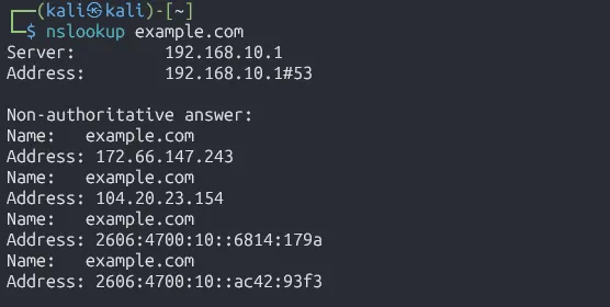 From Kali, nslookup example.com resolves through the Lab gateway 192.168.10.1
