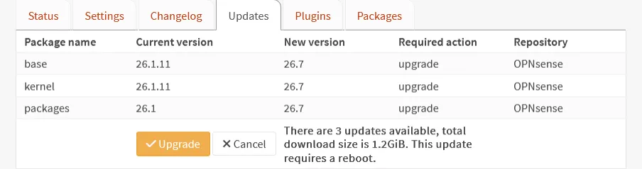 OPNsense offering a major upgrade: base, kernel and packages from 26.1 to 26.7